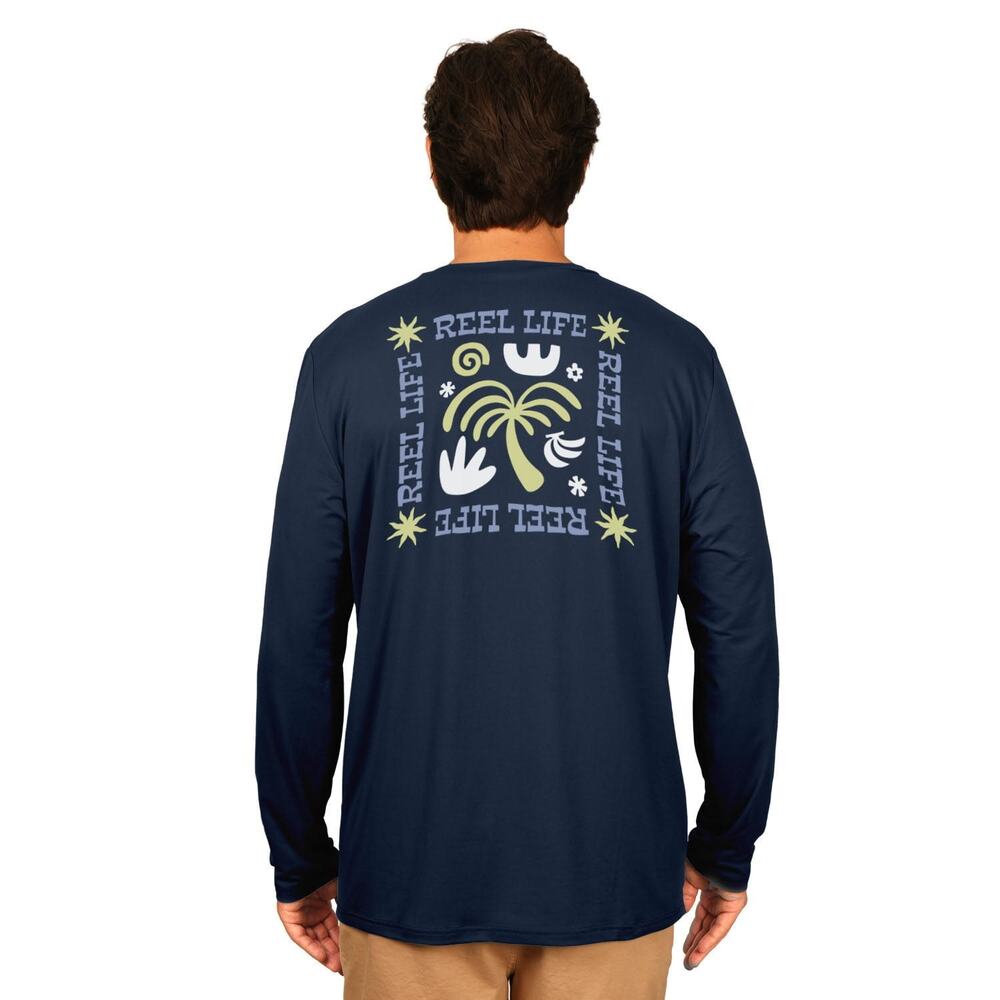 NWOT Reel Life Navy Blue Graphic UV Long Sleeve T-Shirt Men's Size Large